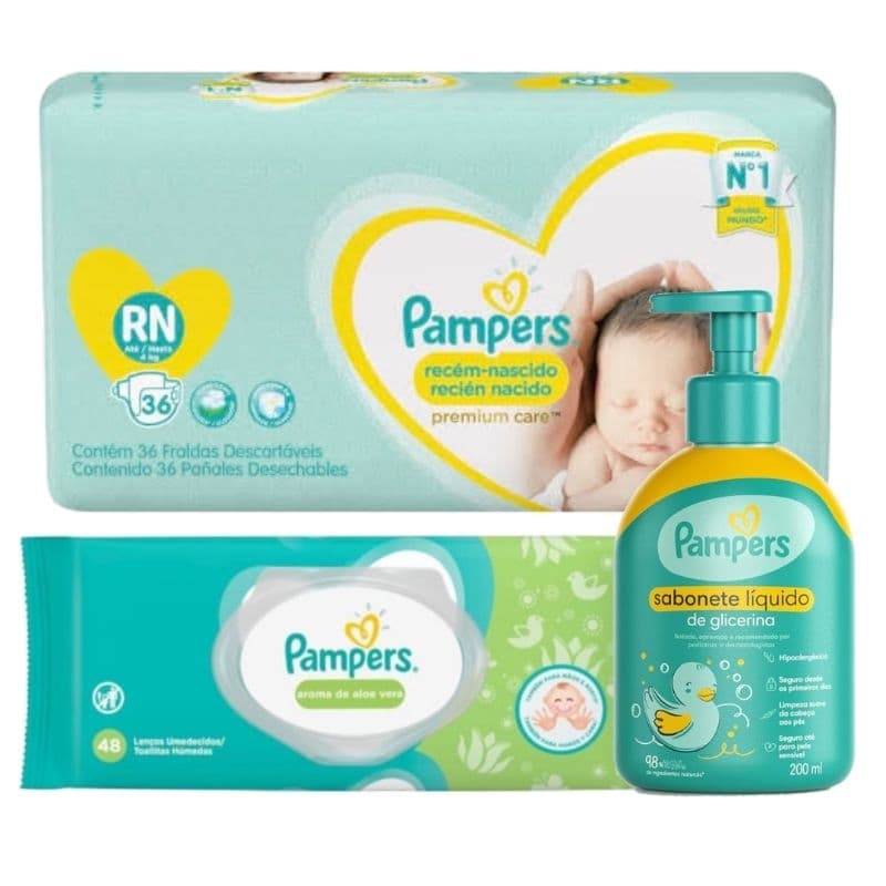 KIT Chá de bebê Presente Fralda Pampers Premium Care RN Recém Nascido