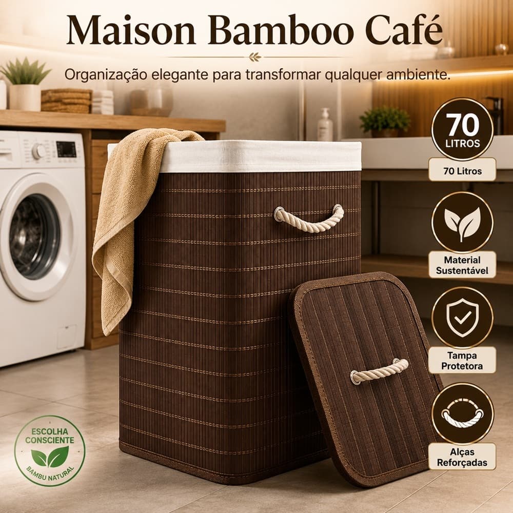 Cesto Organizador Bambu 70L com Tampa Alças Resistentes Cesto de Roupas Grande Lavanderia Closet Banheiro sustentável
