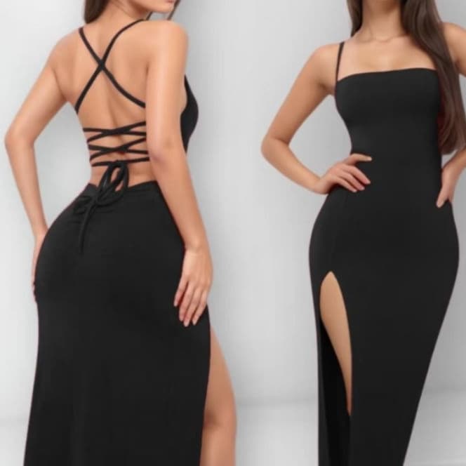 vestido longo canelado fenda na pernas e trancado nas costa luxo detalhes no bumbum