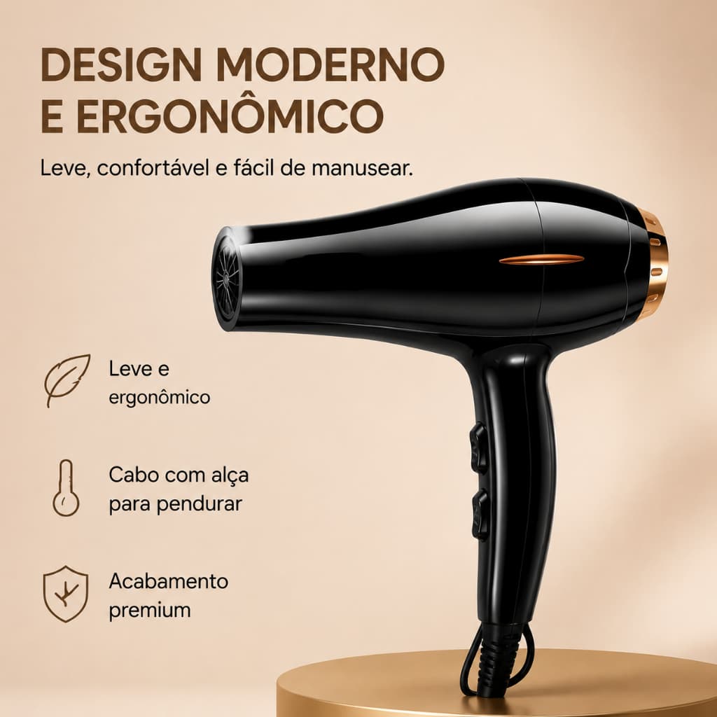 Secador de Cabelo Profissional 3000W 3 Temperaturas Ar Quente e Frio, Escolha de Voltagem