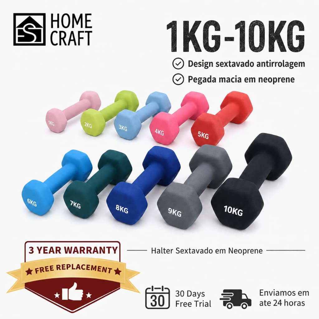 Halter Sextavado Neoprene 1kg a 10kg Antiderrapante para Musculação, Academia, Treino Funcional e Exercício em Casa