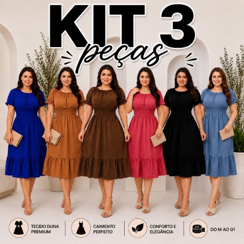 Kit 3 Vestidos Fresquinhos Femeninos Midi Moda Evangélica Duna Liso