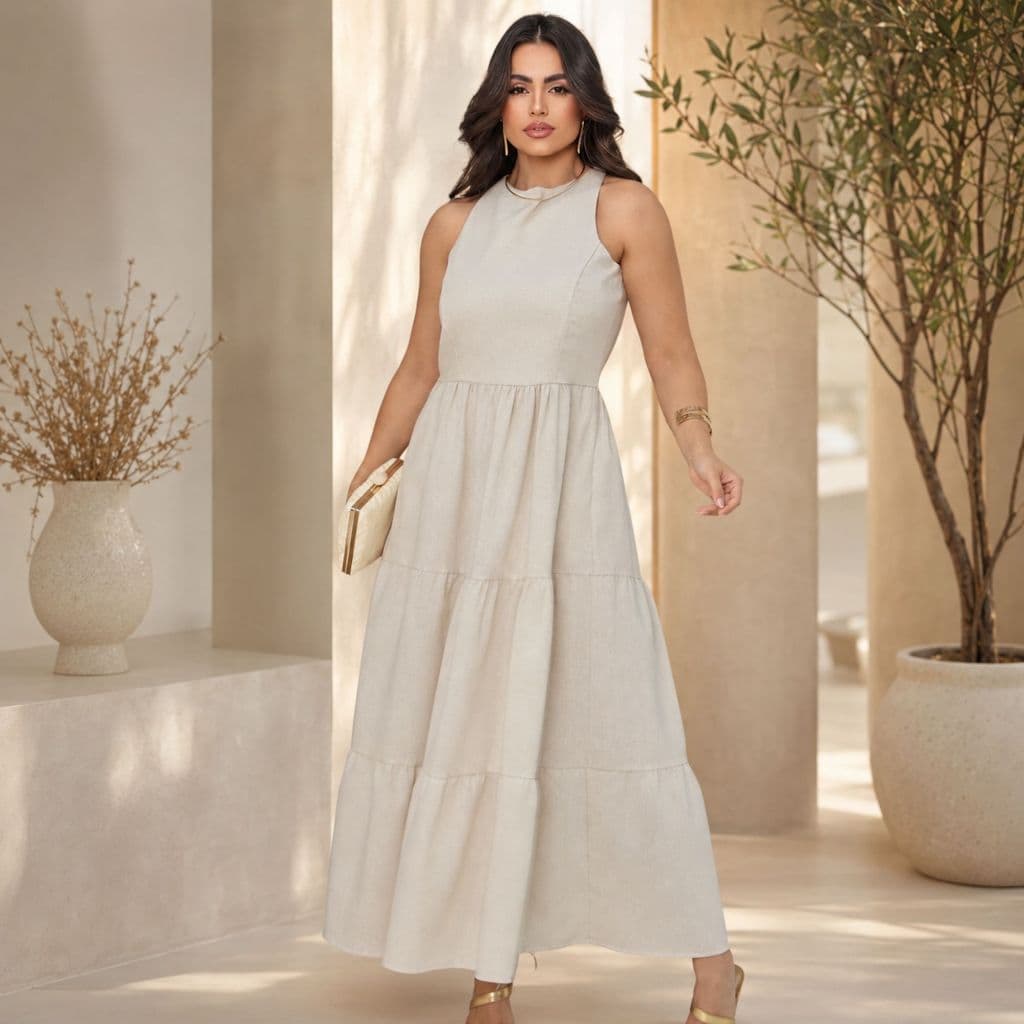 Vestido Feminino Midi Longo Elegante Estiloso Em Linho Gola Alta