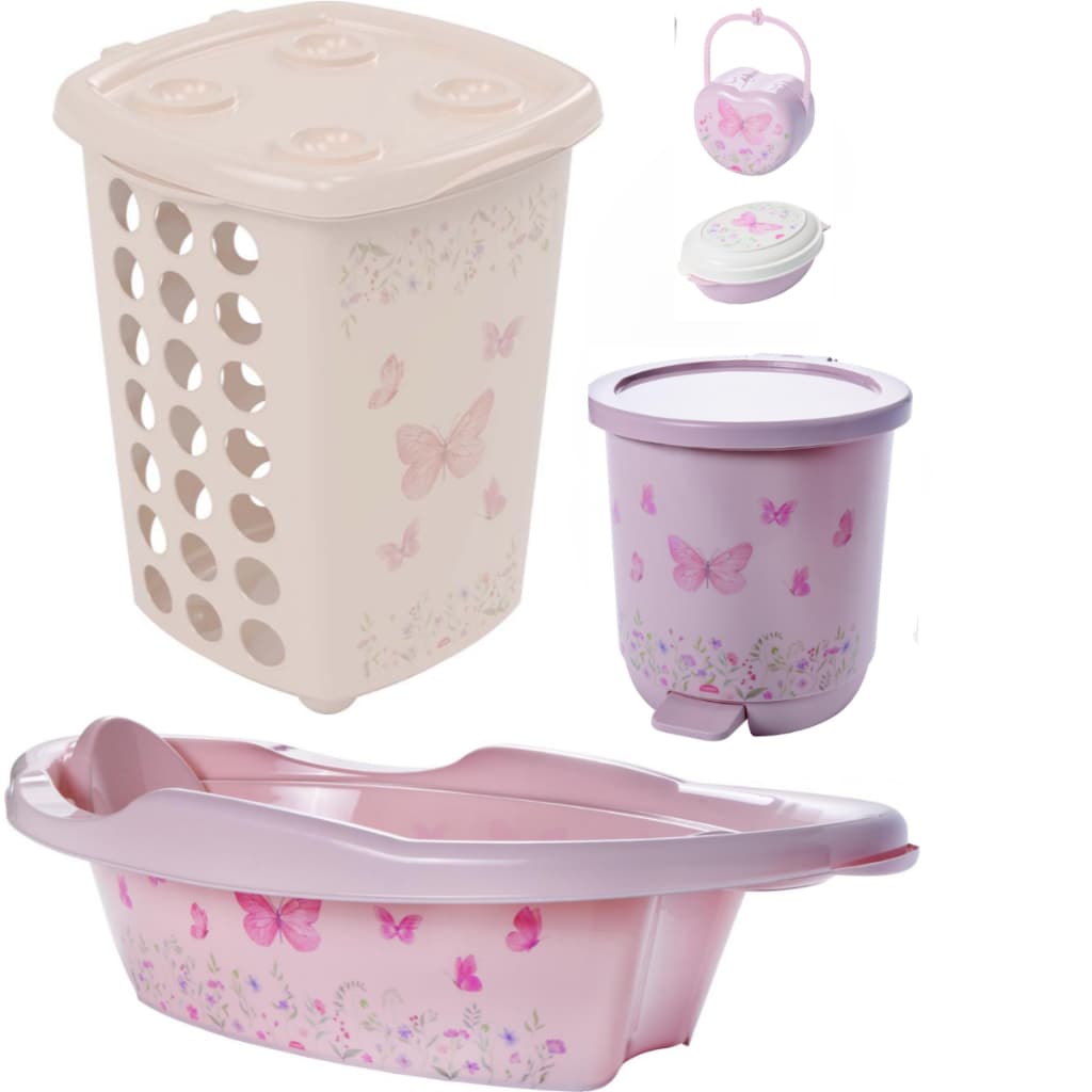 Kit Cesto de Roupa 38L, Banheira 21L, Saboneteira e Porta Chupeta Para Bebês JARDIM ENCANTADO