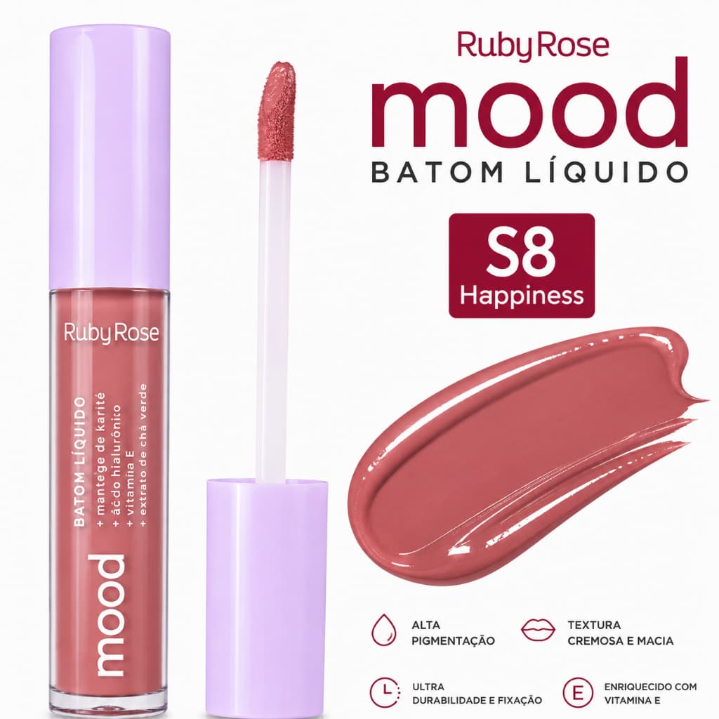 Batom Líquido Matte Mood Ruby Rose - Alta Pigmentação / Acido Hialurônico / Vitamina E / Cor 8 Happiness