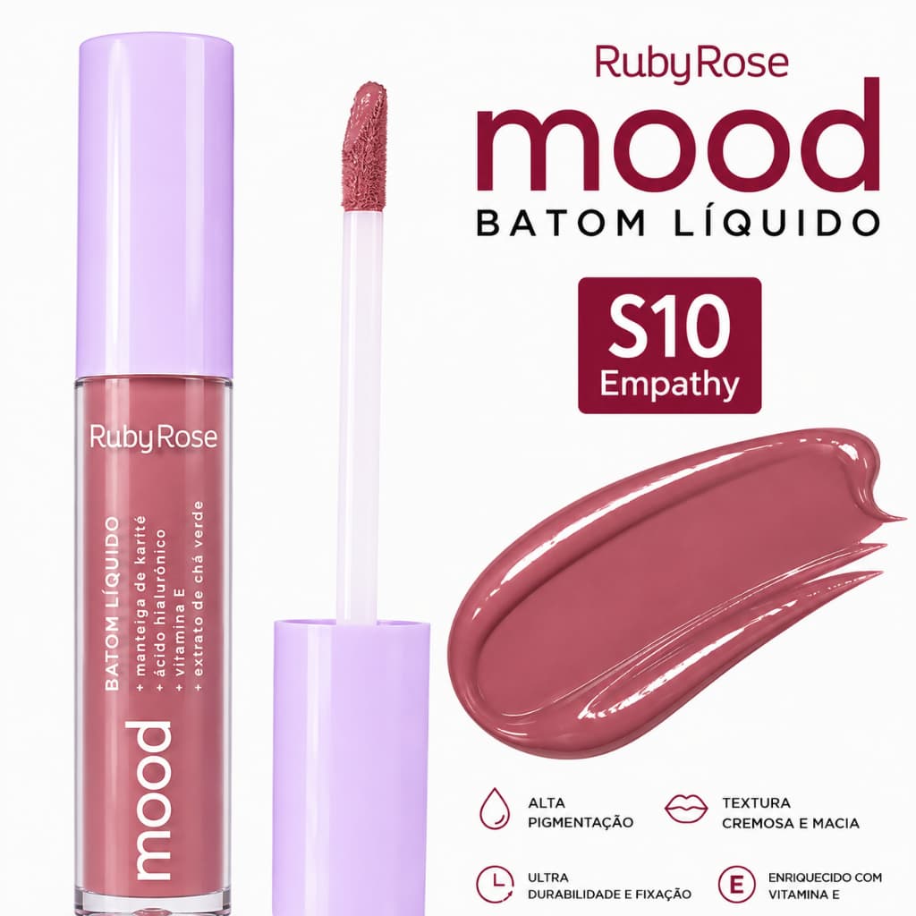 Batom Líquido Matte Mood Ruby Rose - Alta Pigmentação / Acido Hialurônico / Vitamina E / Cor 10 Empathy