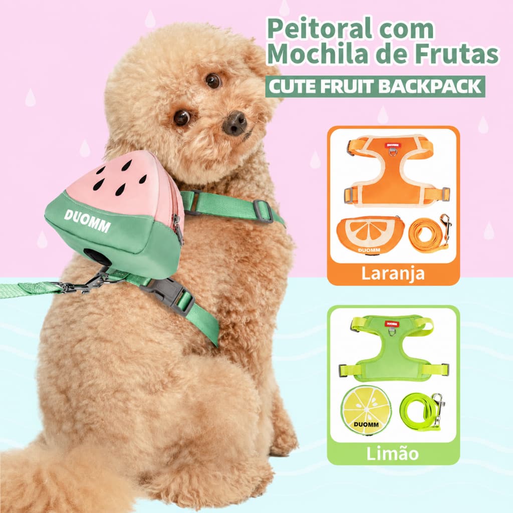 Peitoral para Cães com Mochila Frutas Colete Ajustável Guia Conforto Segurança Passeio Pet