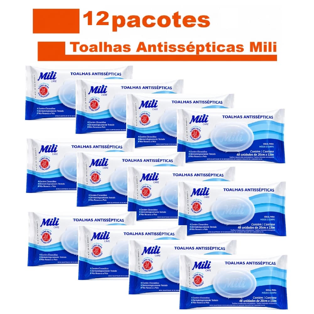 Kit Lenços Umedecidos Toalhas Antissépticas Umedecidas Mili 12 pacotes total 576 unidades