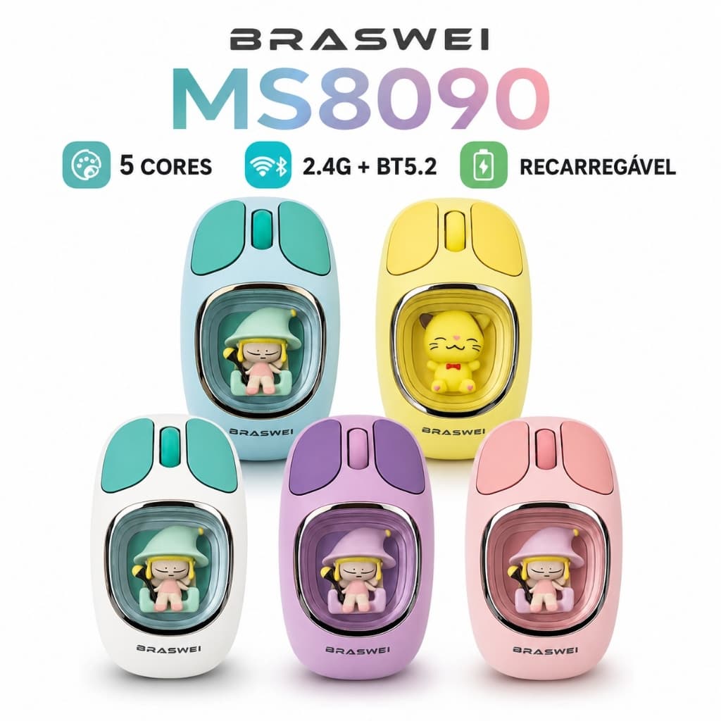 Mouse Sem Fio Bluetooth 5.2 Kawaii Recarregável USB-C Silencioso 3 Modos com Receptor 2.4G BRASWEI MS8090