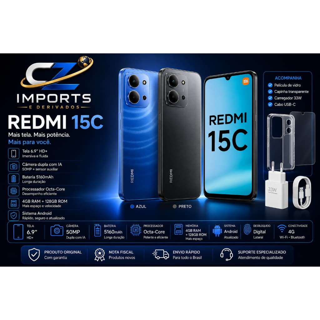 Smartphone Xiaomi Redmi 15C Global 128GB 8GB (4+4) RAM Dual SIM NFC Tela 6.9" AR - Azul