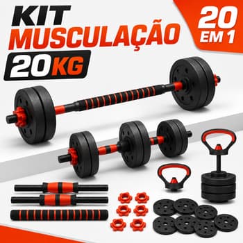 Kit Treino Funcional 20kg Musculação Barra Halteres Anilhas Supino Kettlebell Peso Ajustável