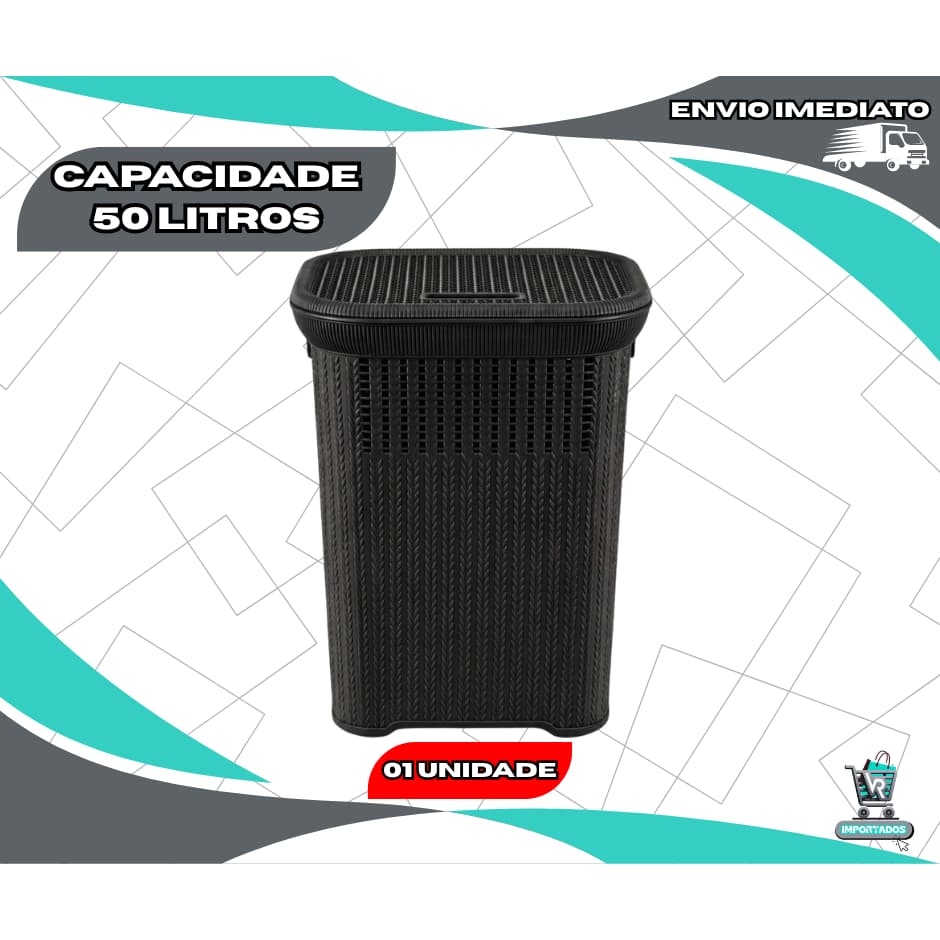 Cesto Organizador Roupa Suja Preto Telado Rattan 50 Litros Banheiro Lavanderia Reforçado Resistente