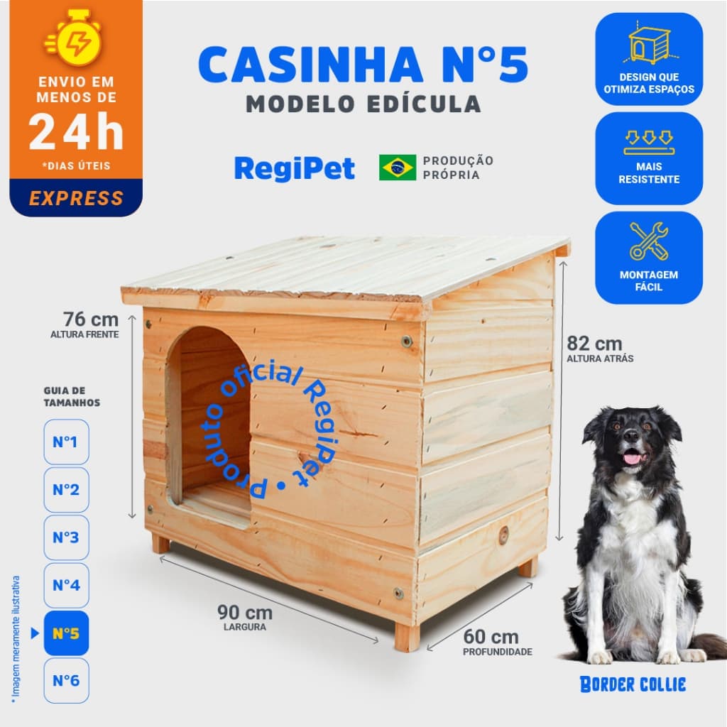 Casinha para Cachorro de Madeira Pinus Nº 5 (Reforçada) – Modelo Edícula RegiPet – Border Collie e Australian Shepherd