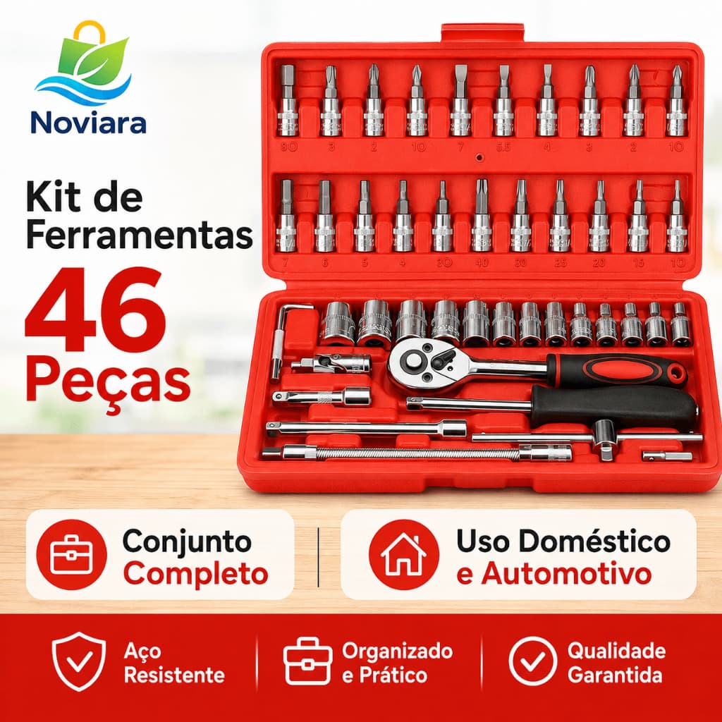 Kit de Ferramentas 46 Peças Jogo de Soquetes 1/4 com Chave Catraca Reversível Bits Extensões e Maleta
