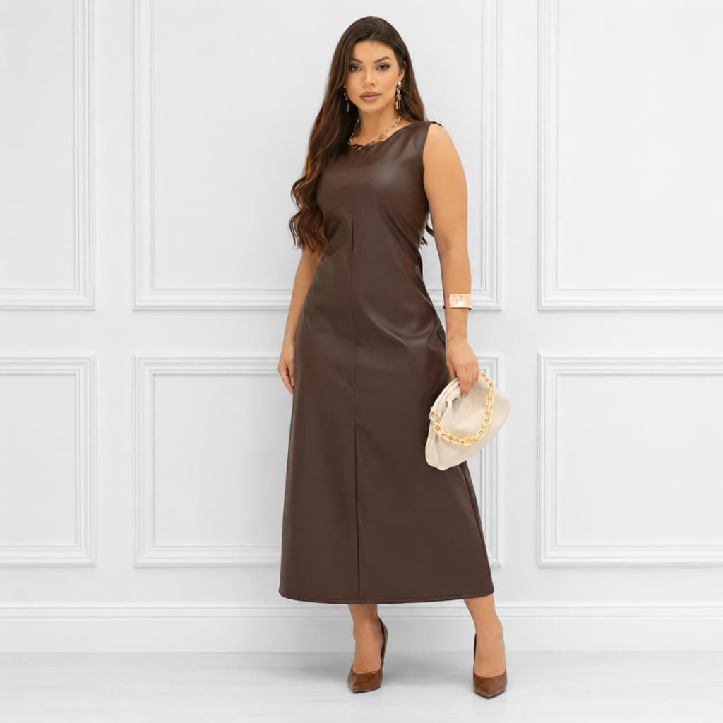 Vestido Feminino Longuete Midi Couro Chic Festa Formatura Casamento