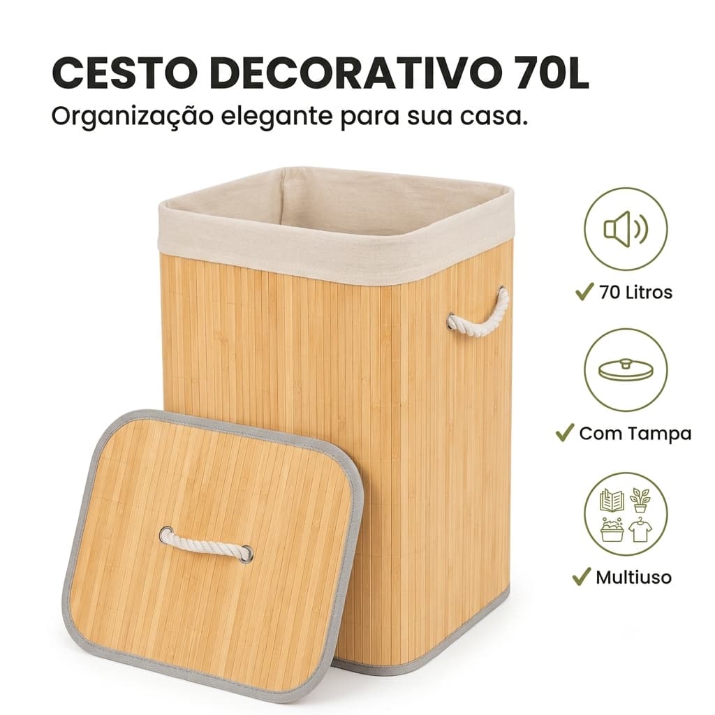 Cesto de roupa suja 70L, Com tampa Com alças Organizador Lavanderia Banheiro Grande Cesto de bambu