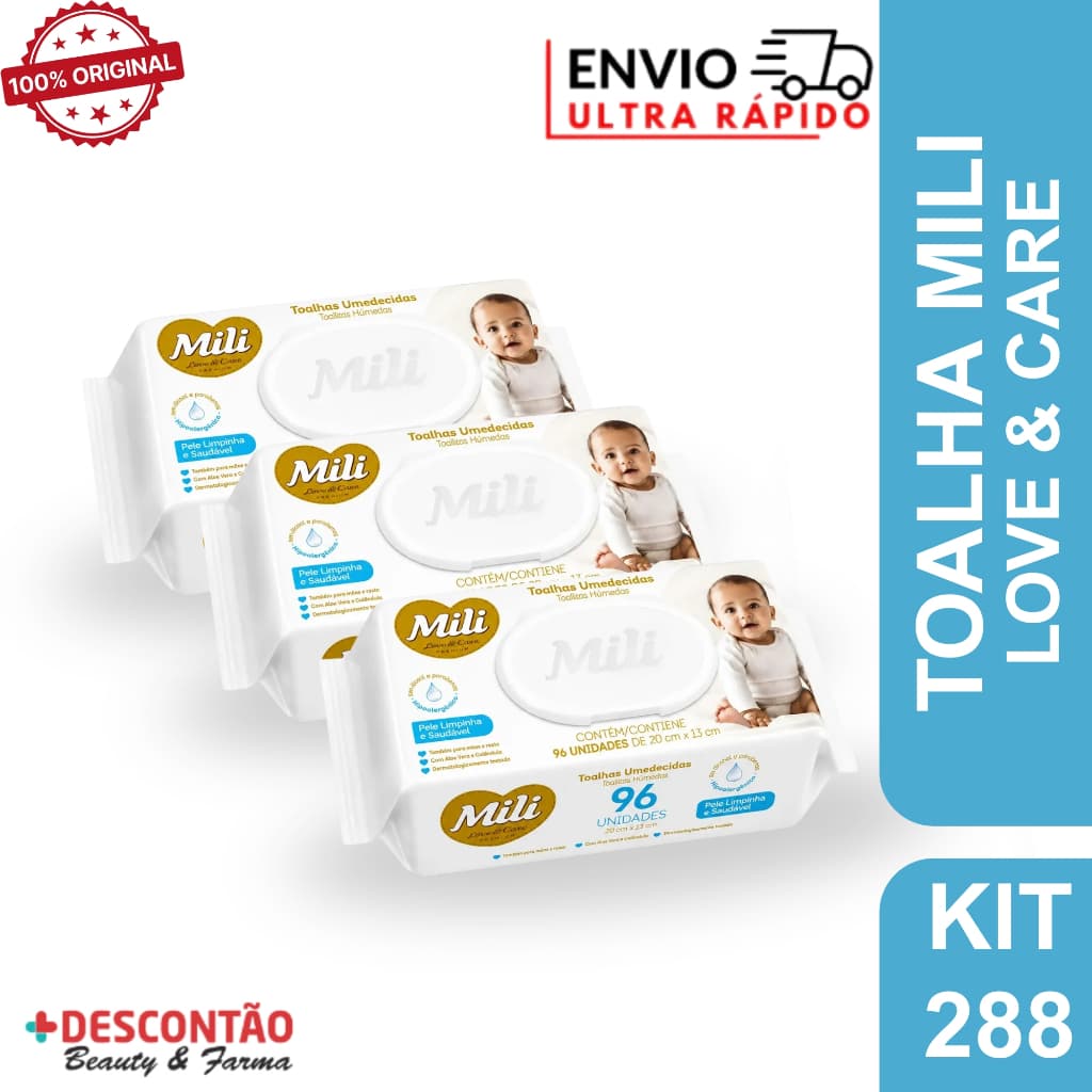 Kit 3 Toalha Umedecida Love Care Premium 96 Unidades - Mili