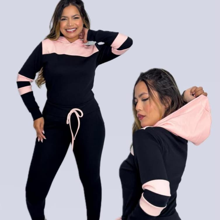 Conjunto Moletom Femenino no Tecido Crepe, Blusa Manga Longa, Capuz, Bolso na calça ,  Estilo Exportivo Inverno