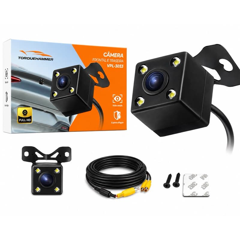 Câmera de Ré para Carro Full HD 4 LEDs, Visão Noturna, Grande Angular, à Prova d’Água, Frontal e Traseira