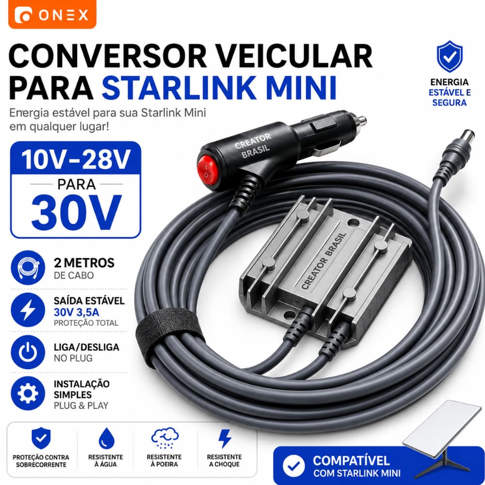 Cabo Alimentação Starlink Mini Carro 2M 30V 3.5A Conversor Veicular DC 10V~28V com Interruptor Carregador Adaptador Ener