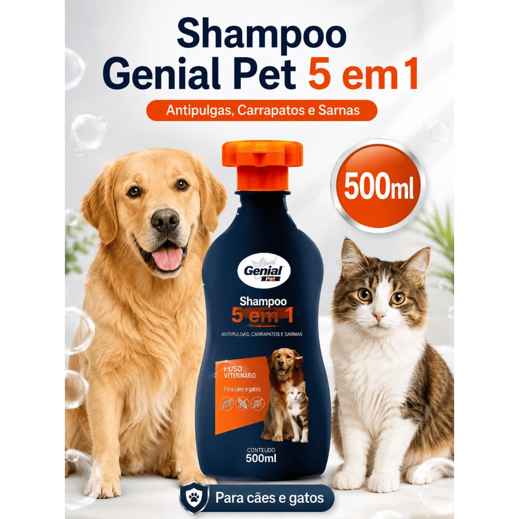 Shampoo Genial Pet 5 em 1 Antipulgas Carrapatos Sarnas Cães Gatos 500ml Higiene Proteção Pet