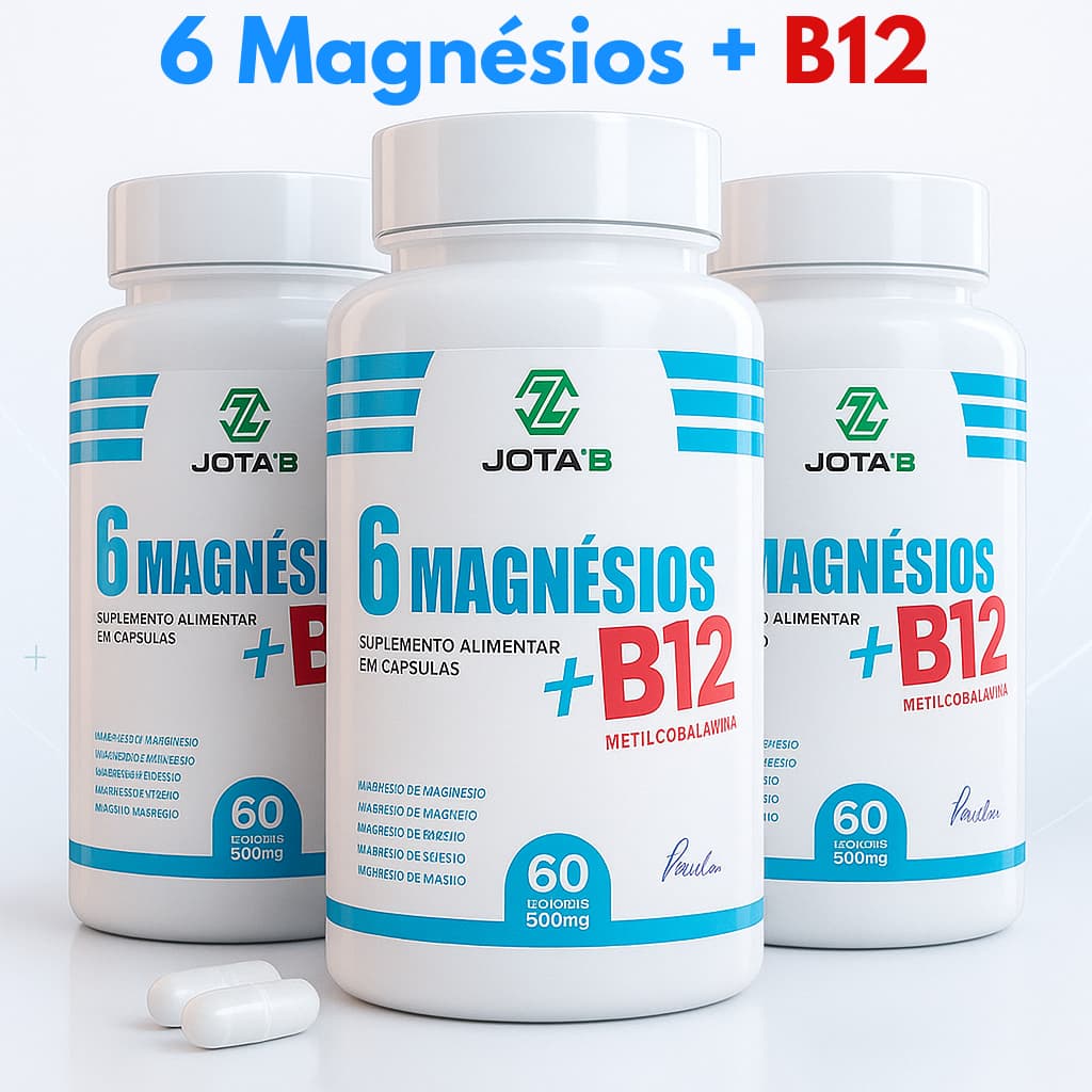 Suplemento 6 Magnésios + Vitamina B12 Metilcobalamina - 60 Cápsulas 500mg - Envio Imediato