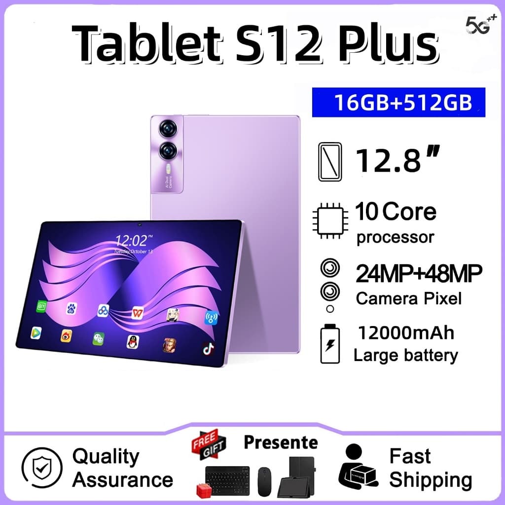 【Teclado e mouse gratuitos】Tablet  S12 Plus Android tablet 12.8 polegadas 16GB + 512GB 12000mAh bateria wifi 5G