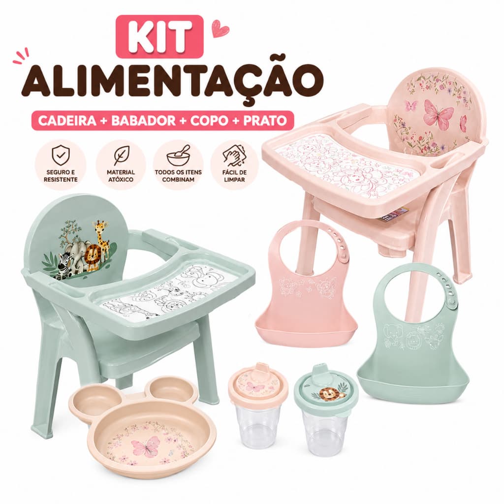 Kit Alimentação Bebê Cadeira Infantil + Babador + Copo + Prato Completo para Refeição