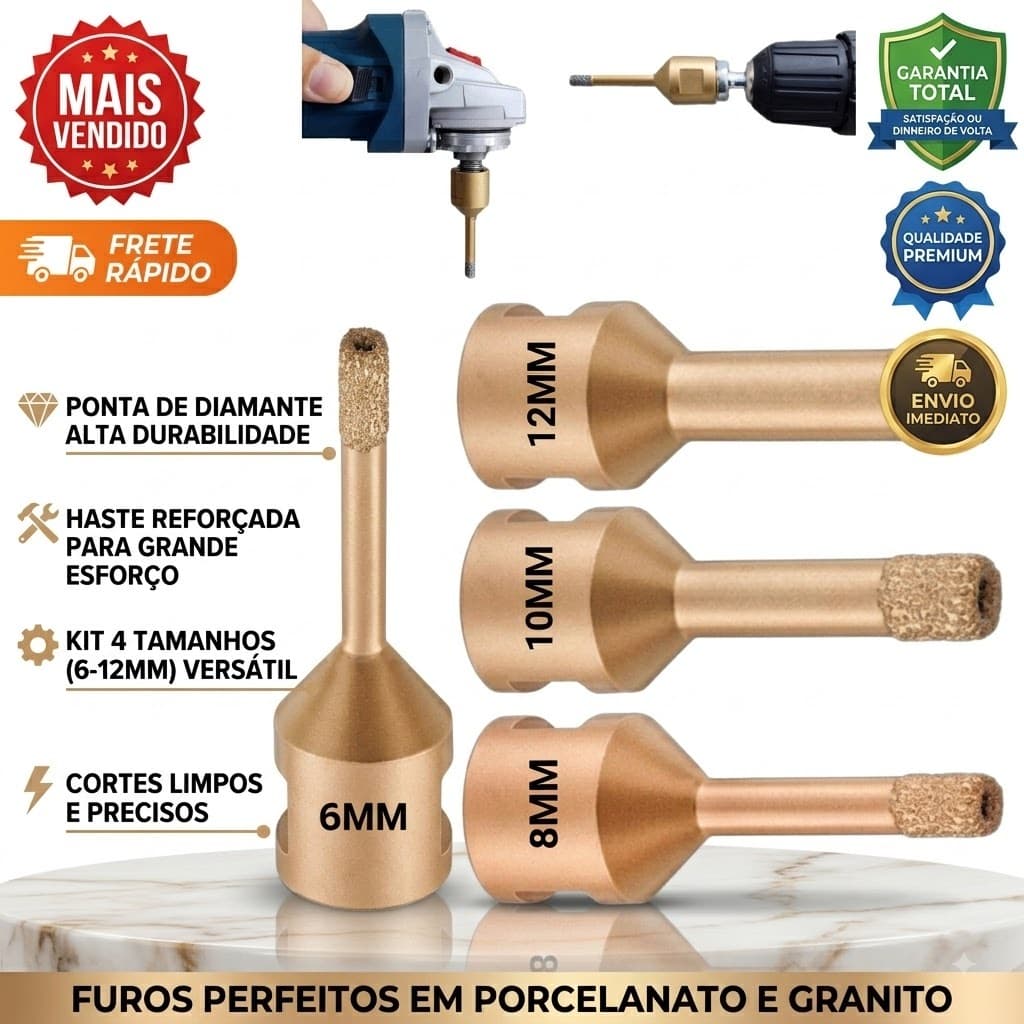 Broca Diamantada  P/ Furadeira e Esmerilhadeira 6mm 8mm 10mm 12mm Fura Porcelanato Vidro e Cerâmica
