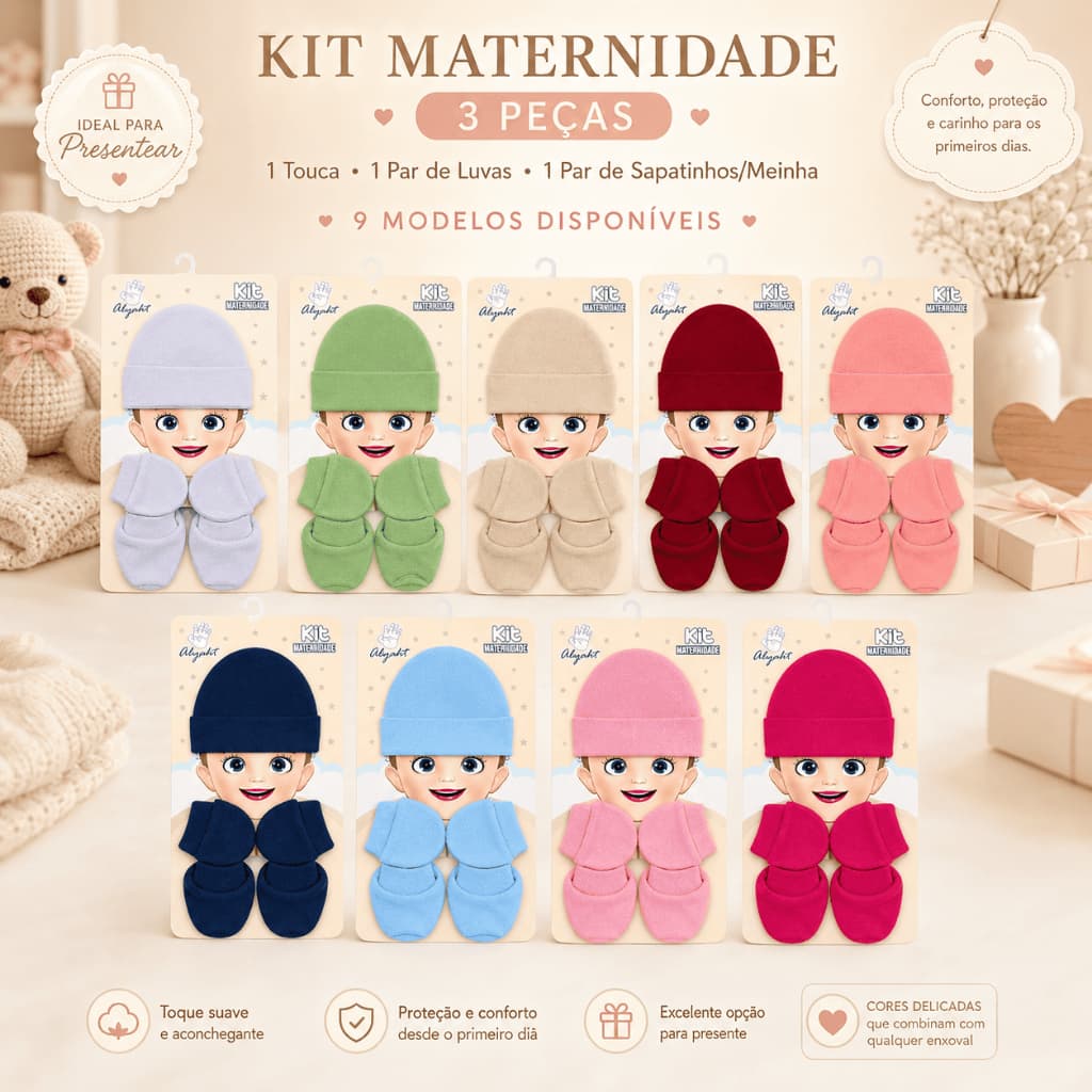 Kit Maternidade Bebê 3 Peças Touca Luvas Sapatinhos Enxoval Menino Menina Presente