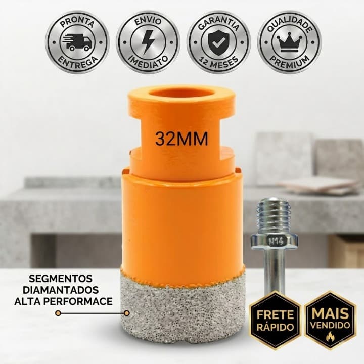 Serra Copo Broca Diamantada 32mm Fura Porcelanato Cerâmica Piso Vidro P/ Esmerilhadeira e Furadeira