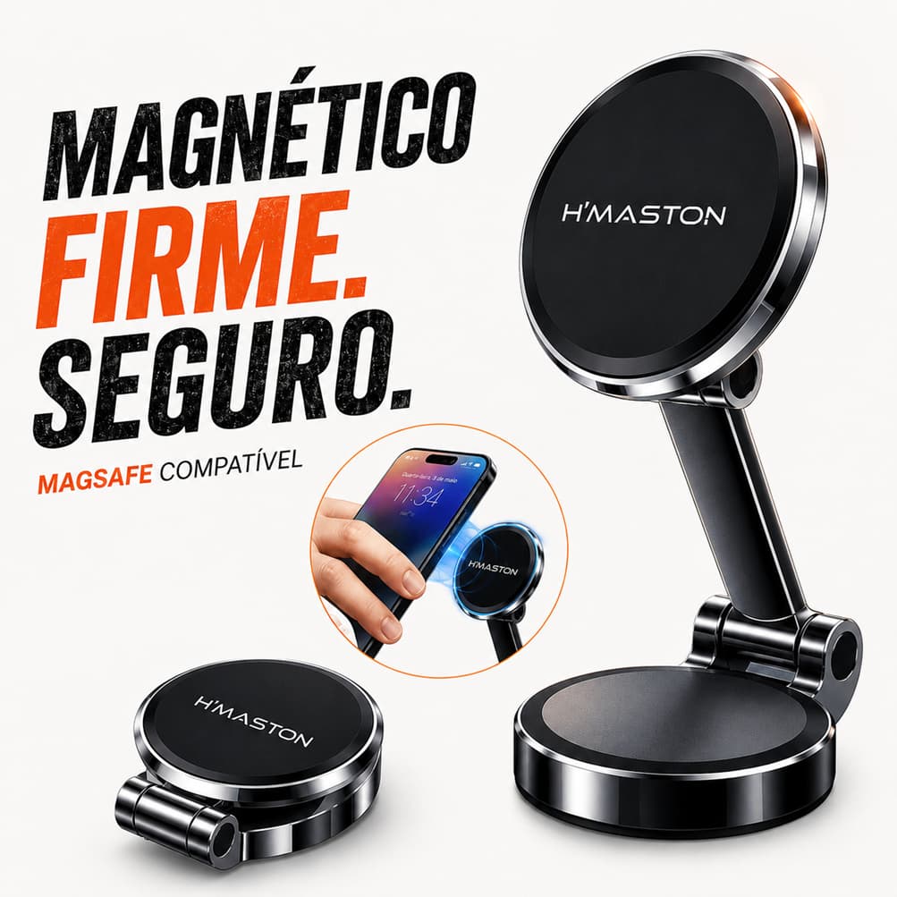 Suporte Veicular Magnético Celular 360° Articulado Dobrável Duplo Para Carro Mesa Universal H'Maston CJ-69