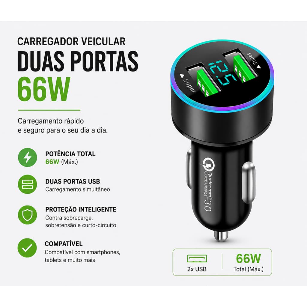 Carregador Veicular Carro Turbo Universa l2 Portas Usb 3.0 Quick Charger