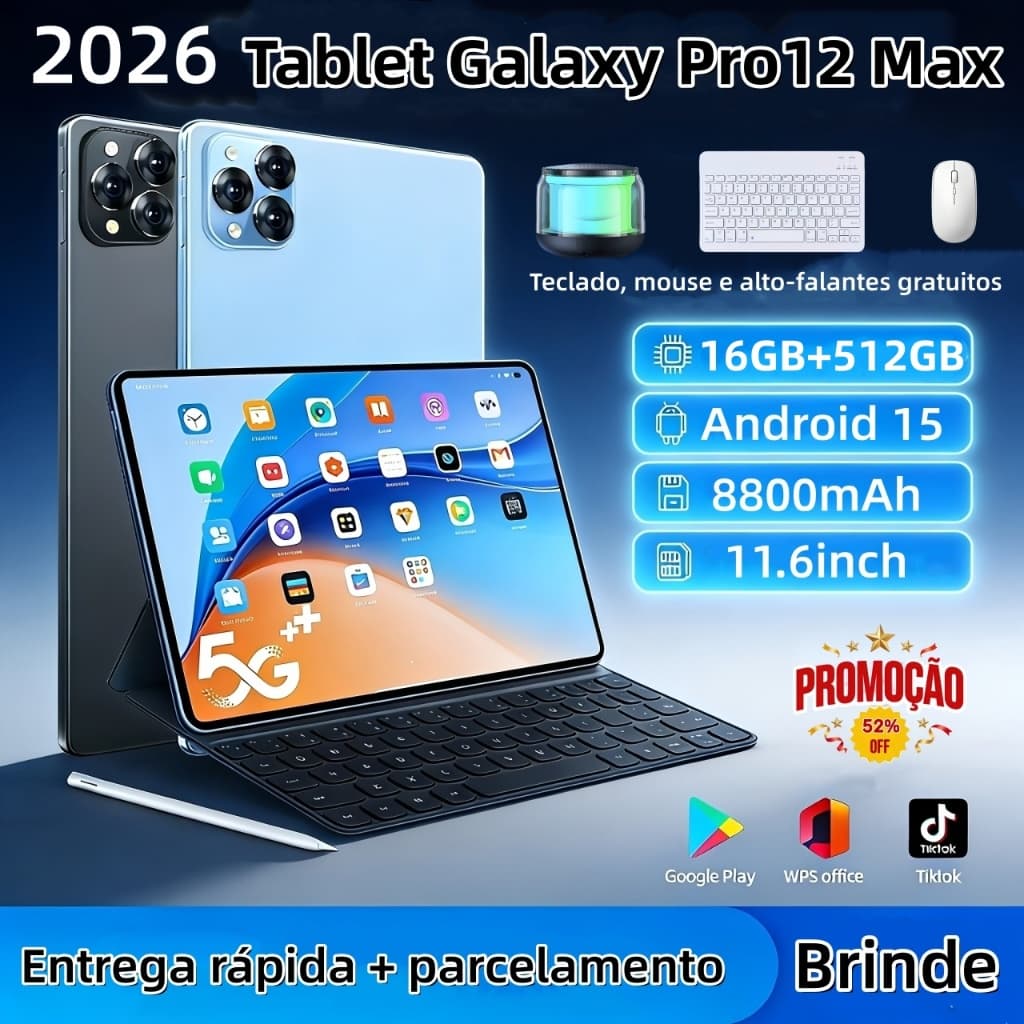 【Teclado e mouse grátis】Tablet Pro12 Max 11,6 polegadas HD 16 GB + 512 GB 8800 mAh Android 5G Bluetooth Wi-Fi