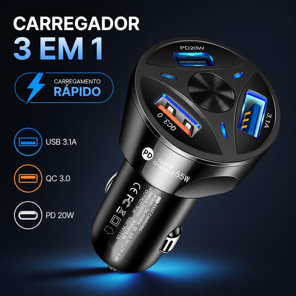 Carregador Veicular 3 Portas USB QC3.0 Carga Rápida Compatível com Celulares Automóvel Moto Viagem