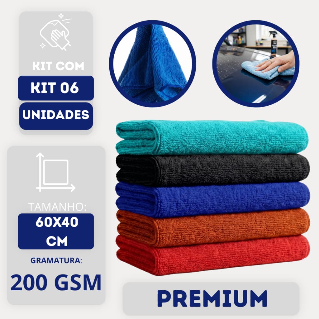 Kit 6 Flanelas de Microfibra 60x40 Automotiva Multiuso Alta Absorção Grande Toalha Seca Rápido Vidro Limpeza Carro