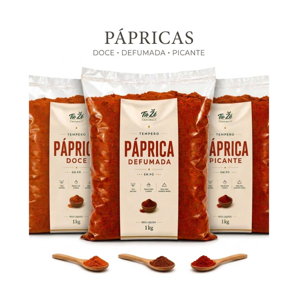 Páprica Doce, Defumada ou Picante | Tempero em Pó|  Condimento Puro  | 250g, 500g e 1kg | Kit 3 Pápricas 375g