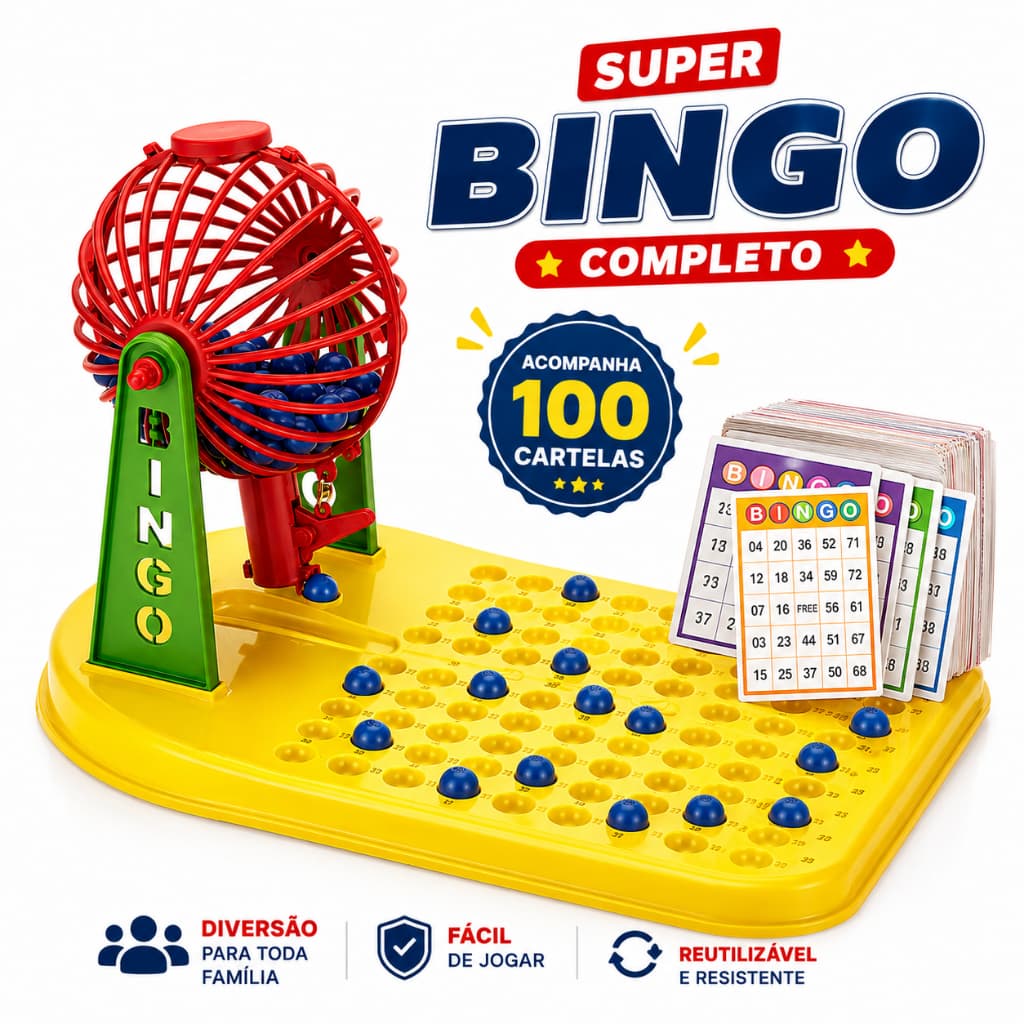 Jogo de Bingo Completo com Globo Giratório Bolinhas e Cartelas 24 48 ou 100 Unidades Diversão em Família