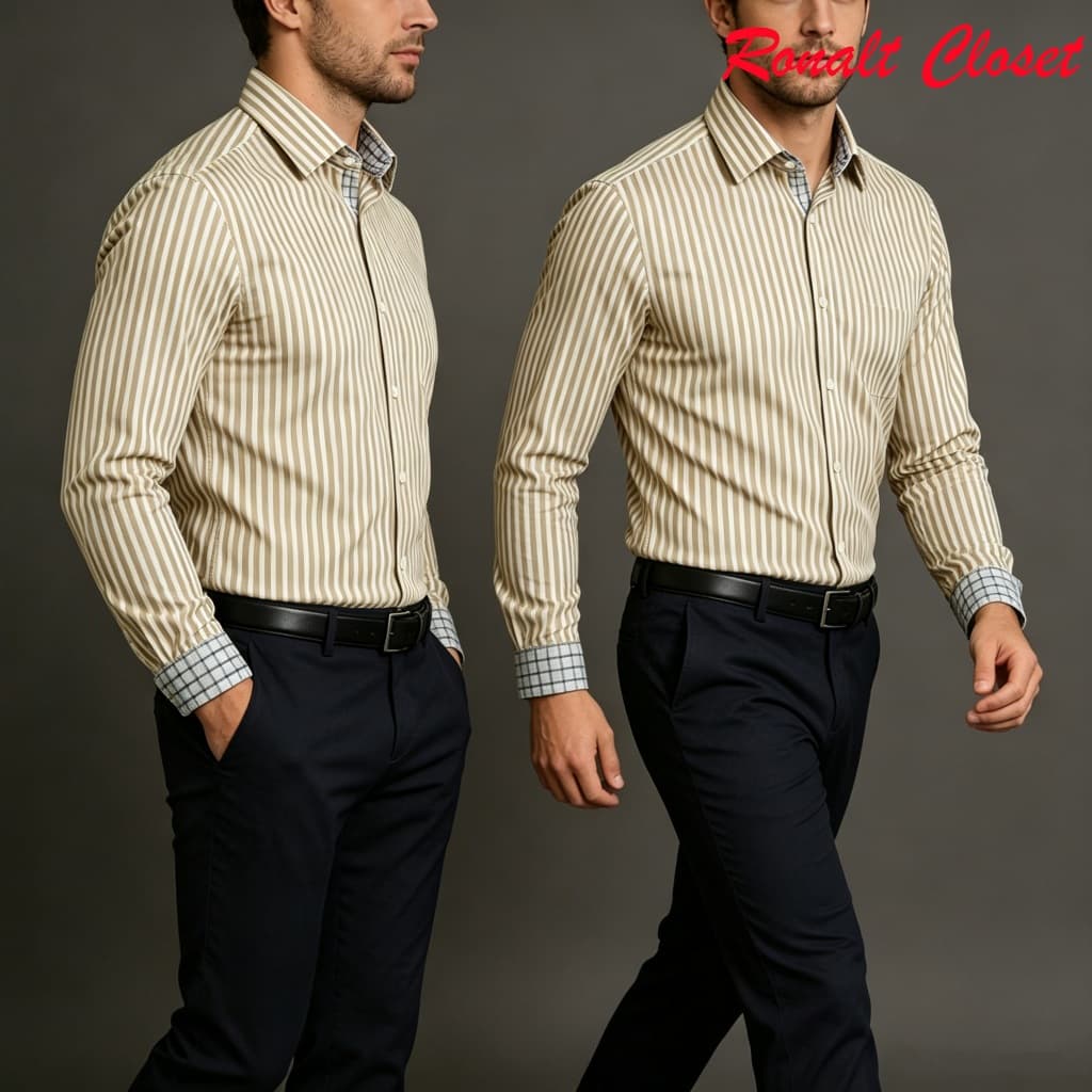 Camisa Social Masculina Slim Listrada com Acabamento Refinado Camisa Manga Longa Masculino Formal Casual