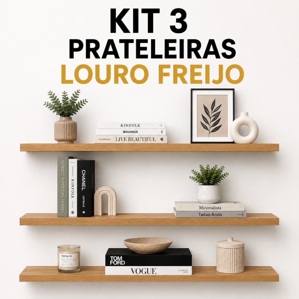 Kit 3 Prateleiras Flutuantes Louro Freijó MDF 60x15cm Suporte Invisível Decoração Parede Sala Quarto