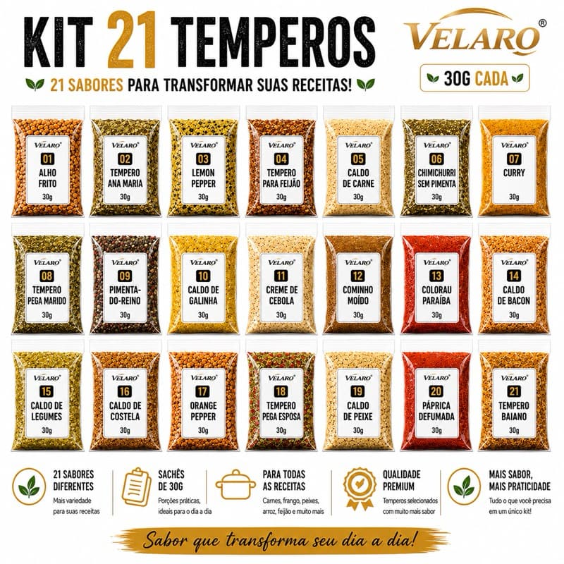 Mix de Temperos para Churrasco Carnes Frango e Feijão Kit 21 Sabores 30g Cada 630g Condimentos Especiarias