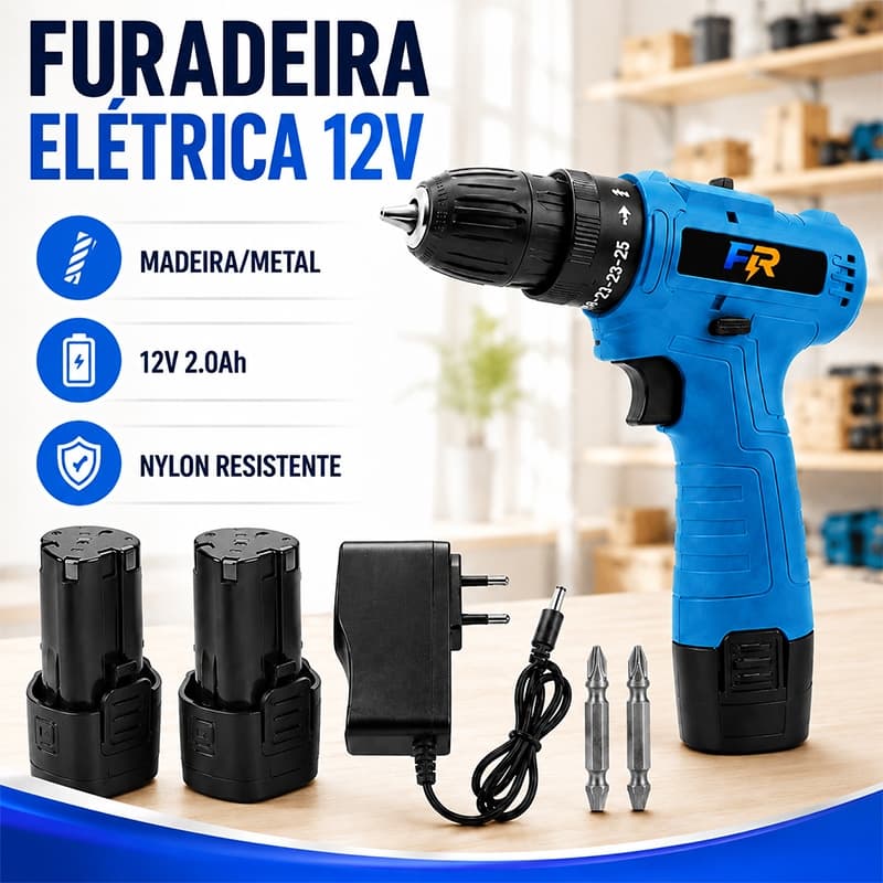 Parafusadeira Furadeira 12V Sem Fio 3/8" com Bateria Carregador e 2 Bits