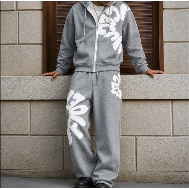 Kit Conjunto Moletom Ziper Calça Baggy Larga Sem Barra Flores Tendencia Urbana Flanelado Moda