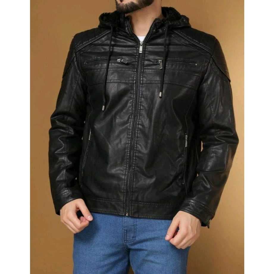 Jaqueta Blusa de Frio de Couro Forrada Preta Premium Com Touca Removivel out/inv 2026 Importada