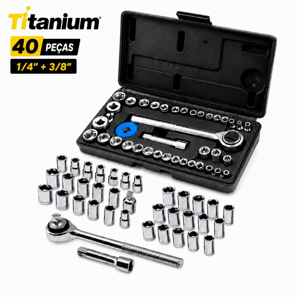Jogo Soquete Sextavado 40 Peças 1/4 e 3/8  Catraca Chave Profissional Titanium