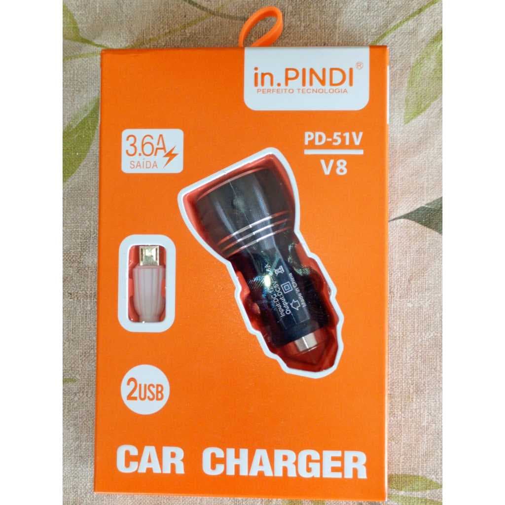 Carregador Veicular 2 USB 3.6A PD-51V V8 – Carregamento Rápido para Celular