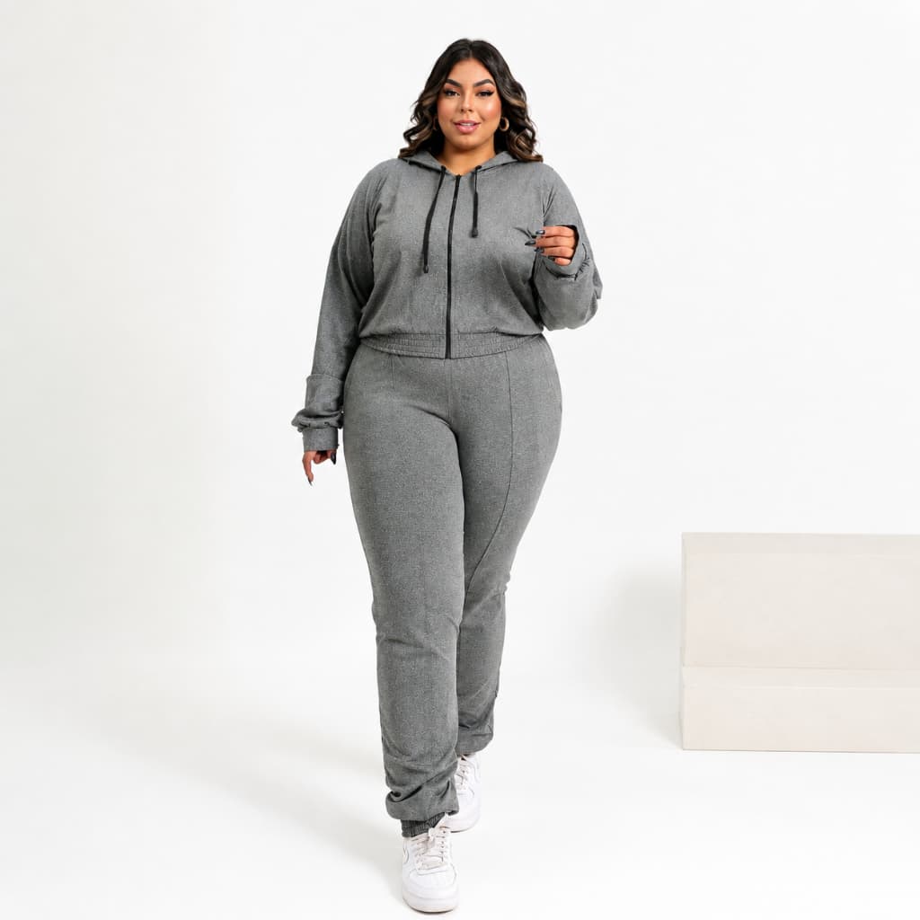 Conjunto Feminino Plus Size Térmico Moletom com Capuz e Calça Jogger Inverno Casual Esportivo Suplex Felpado- Charlie