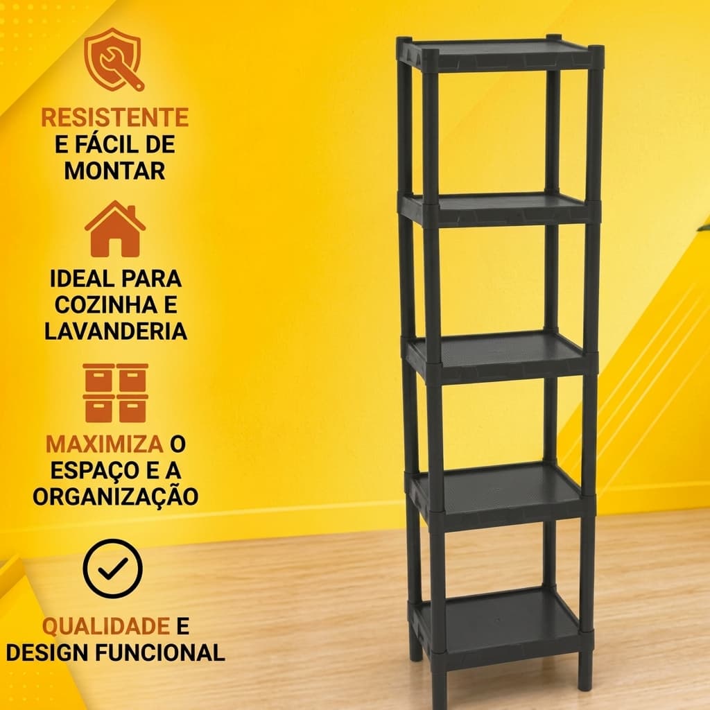 Estante Multiuso 5 Prateleiras Organizador Preto Versátil Prático p/ Banheiro Cozinha Quarto Sala Escritório