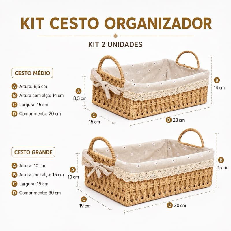 Kit 2 Cestos Organizadores Palha Retangular 2 Tamanhos Cesto de Pão Closet Cozinha Banheiro Mesa