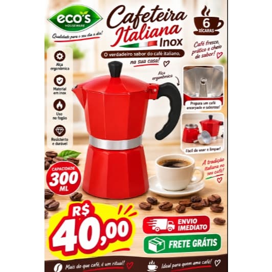 Cafeteira Italiana Premium Moderna 300ML - 6 XÍCARAS - CAFÉ EXPRESSO